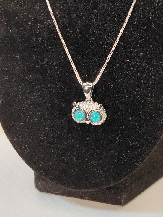 Jewelry - Silver Owl Pendant Necklace with Blue Opal Eyes